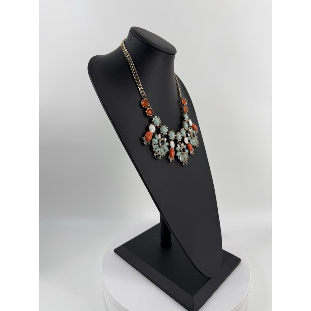 Chunky Bib Statement Necklace Gold Tone Teal Orange White crystal Floral - Picture 3 of 8